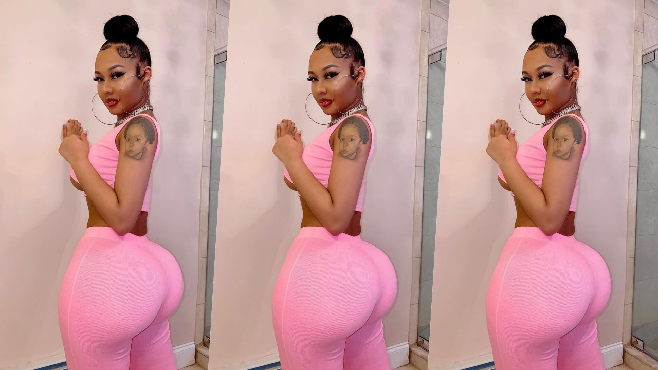 Modelo Jade exibe suas curvas em um conjunto rosa